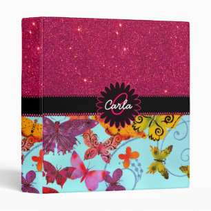 Pink Glitter and Colourful Butterfly Monogram Binder