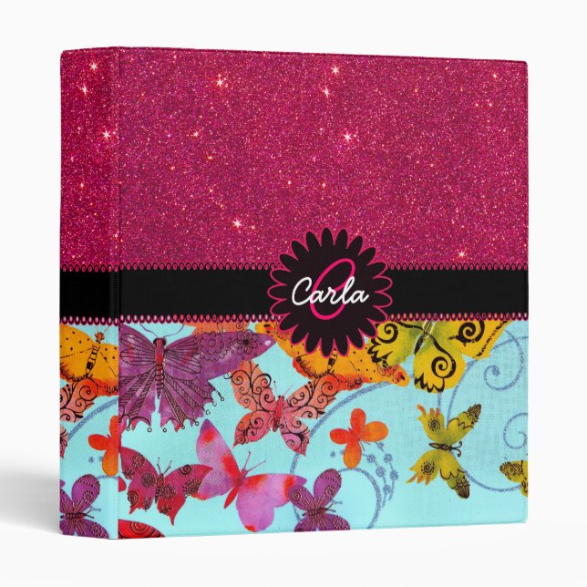 Pink Glitter and Colourful Butterfly Monogram Binder (Front/Spine)