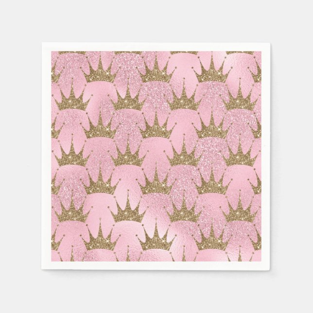 Pink Glitter and Gold Princess Crown Pattern Napkin (Front)