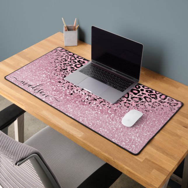 Pink Glitter and Leopard Pattern - Personalize Desk Mat (Office 2)
