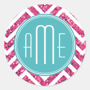 Pink Glitter and Mint Custom Monogram Classic Round Sticker
