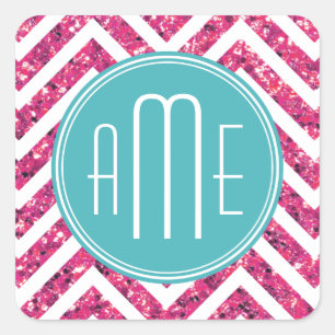 Pink Glitter and Mint Custom Monogram Square Sticker