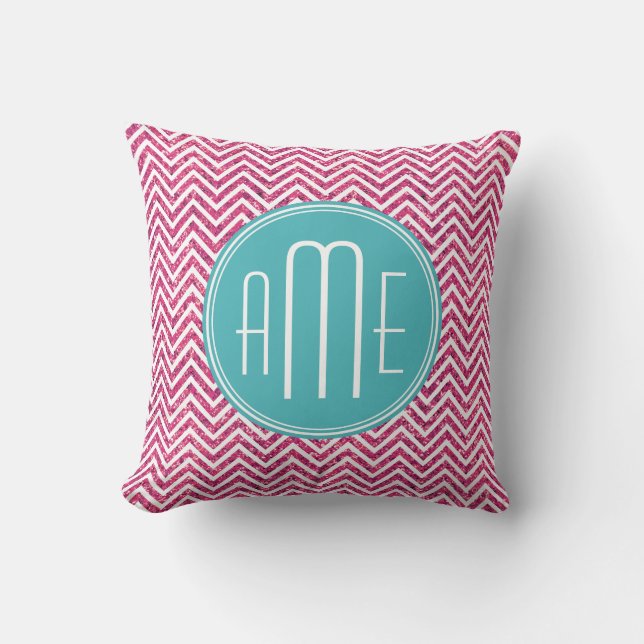 Pink Glitter and Mint Custom Monogram Throw Pillow (Front)