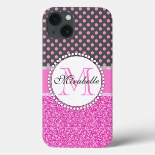 Pink Glitter and Pink Polka Dots on grey Named iPhone 13 Case