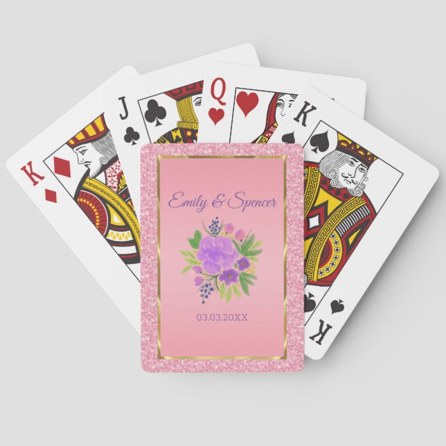 Pink Glitter And Watercolor Flowers Playing Cards (Back)