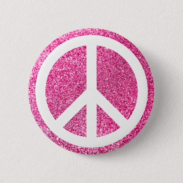 Pink Glitter and White Peace Symbol 2 Inch Round Button (Front)