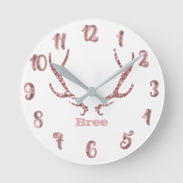 Pink Glitter Antlers Rose Gold Glam Personalized Round Clock (Front)