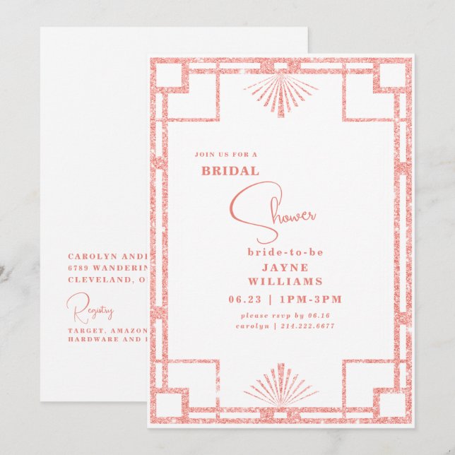 Pink Glitter Art Deco Briidal Shower Invitation (Front/Back)