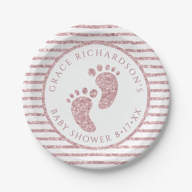 Pink Glitter Baby Feet Baby Shower Personalized  Paper Plate (Front)
