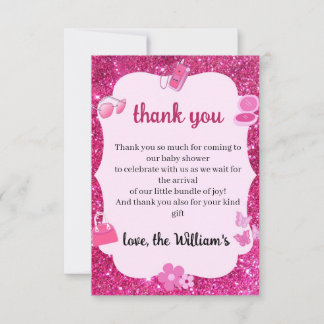 Pink Glitter baby girl shower Thank You Card