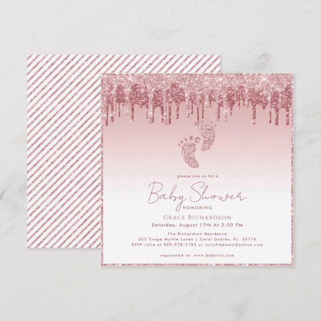Pink Glitter Baby Shower Invitation with Baby Feet (Front/Back)