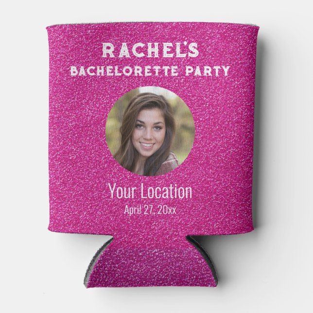 Pink Glitter Bacherolette Party Favour Bride Photo Can Cooler (Front)