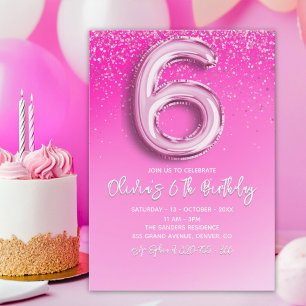 Pink Glitter Ballon Numer - 6th Birthday for Girls Invitation