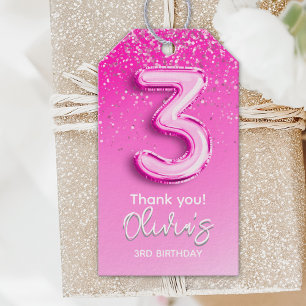 Pink Glitter Balloon 3rd Birthday for Girls Gift Tags