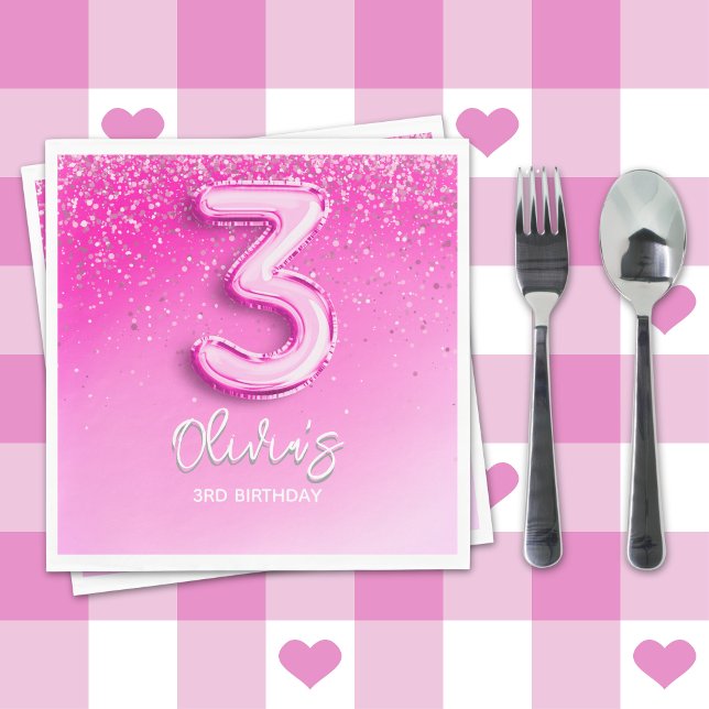 Pink Glitter Balloon 3rd Birthday Party for Girls Napkin (Creator Uploaded)
