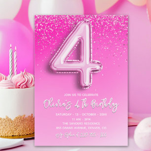 Pink Glitter Balloon 4th Birthday for Girls Invitation