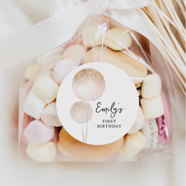 Pink Glitter Balloons 1st Birthday Party Favour Classic Round Sticker (Minimal First Birthday)