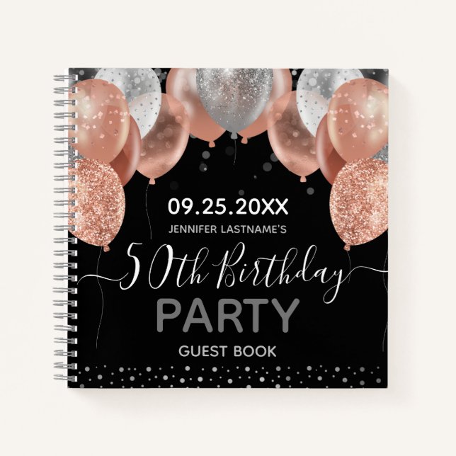 Pink Glitter Balloons 50th Birthday Guest Book  (Front)