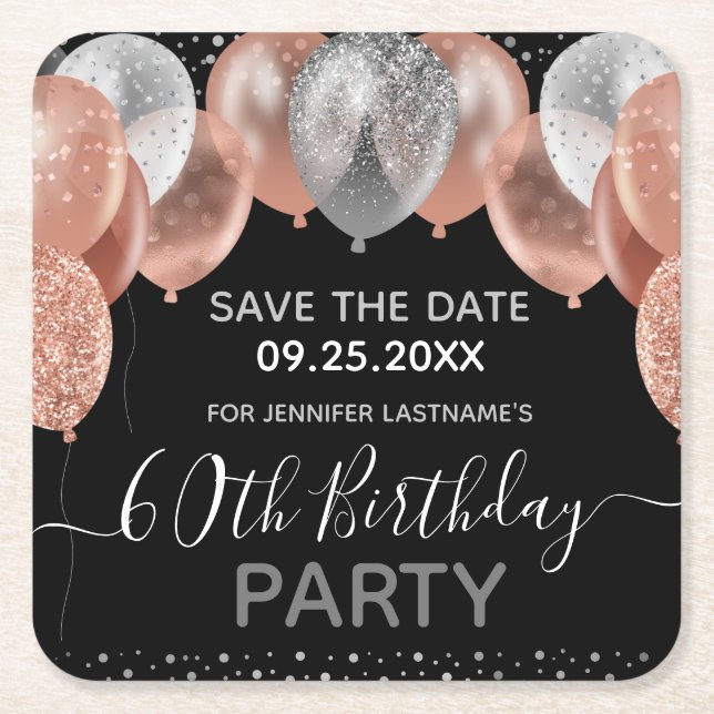 Pink Glitter Balloons 60th Birthday Save the Date Square Paper Coaster (Front)