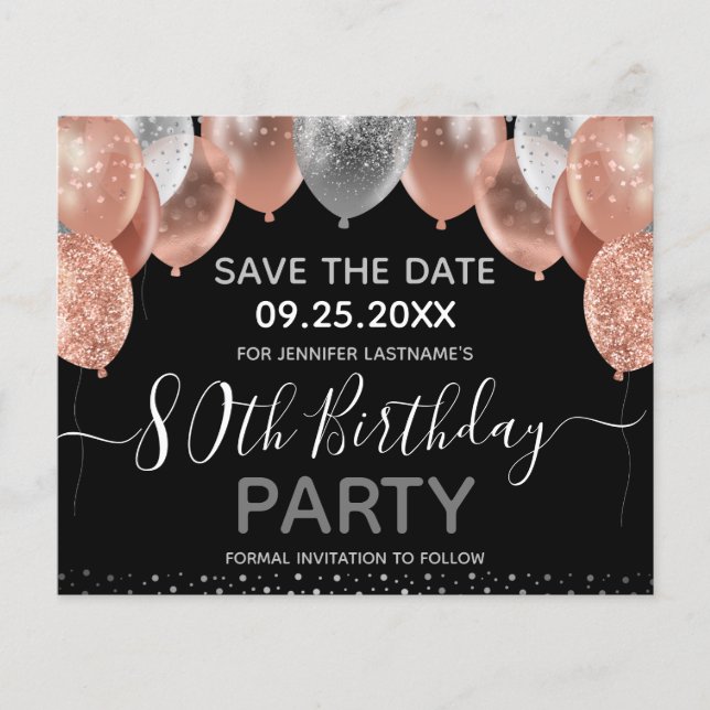 Pink Glitter Balloons 80th Birthday Save the Date (Front)
