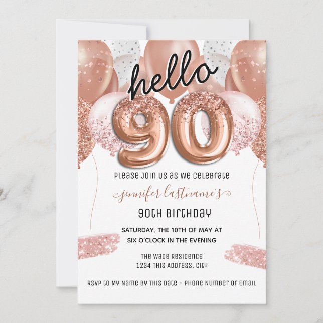 Pink Glitter Balloons 90th Birthday Party Invitation (Front)