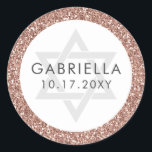 Pink Glitter Bat Mitzvah Rose Gold Classic Round Sticker<br><div class="desc">Chic rose gold glitter and grey modern text with the Star of David on a sticker designed for Bat Mitzvah invitations and favour labels,  with personalized name and party date. Coordinating stationery and decor available in the Paper Grape Rose Gold Pink Glitter Collections.</div>