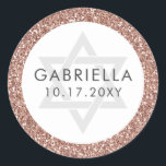 Pink Glitter Bat Mitzvah Rose Gold Classic Round Sticker<br><div class="desc">Chic rose gold glitter and grey modern text with the Star of David on a sticker designed for Bat Mitzvah invitations and favour labels,  with personalized name and party date. Coordinating stationery and decor available in the Paper Grape Rose Gold Pink Glitter Collections.</div>