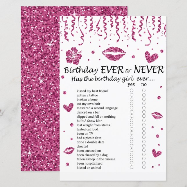 Pink glitter Birthday Ever or Never Game (Front/Back)