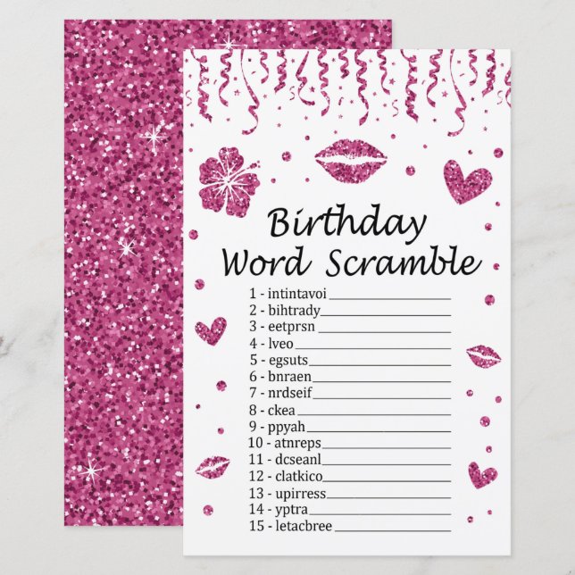 Pink glitter Birthday Word Scramble Game (Front/Back)