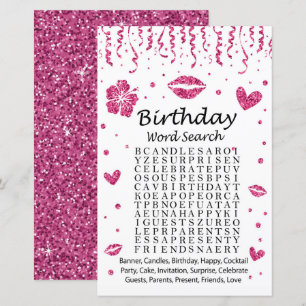 Pink glitter Birthday Word Search Game