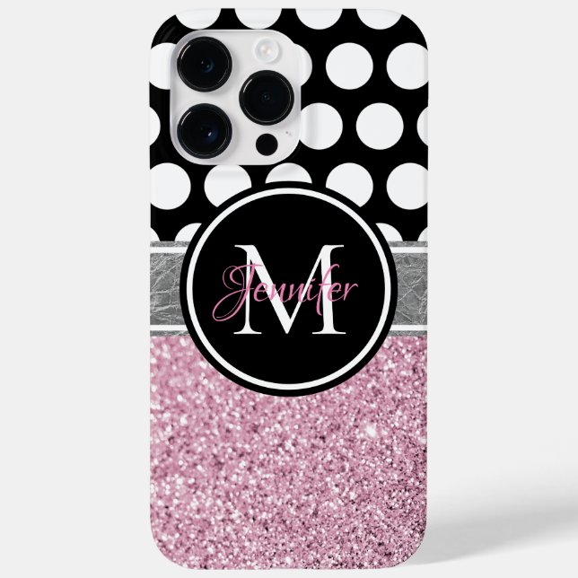 Pink Glitter Black and White Polka Dot Monogram Case-Mate iPhone Case (Back)