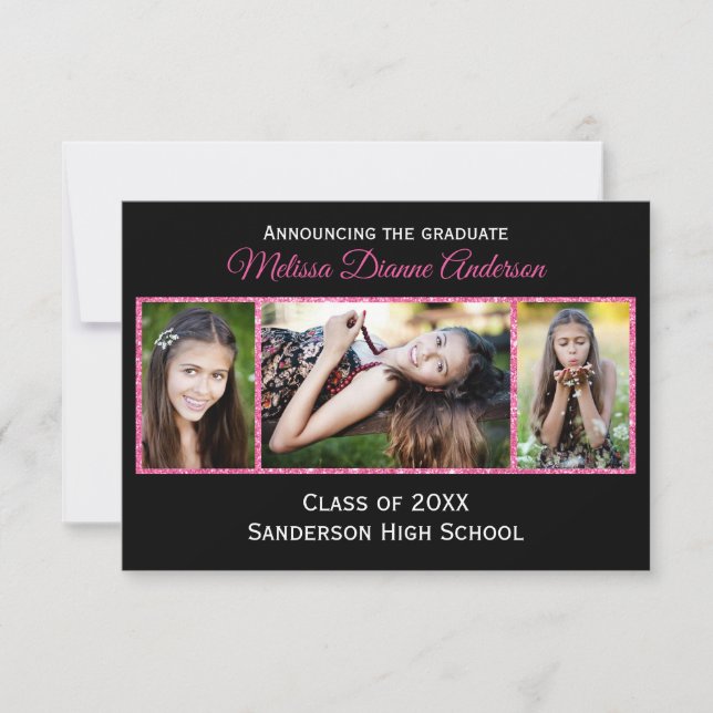 Pink Glitter/Black Background-3x5Grad Announcement (Front)