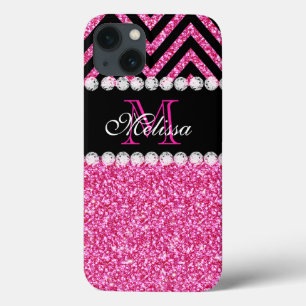 Pink Glitter Black Chevron Monogram iPhone 13 Case