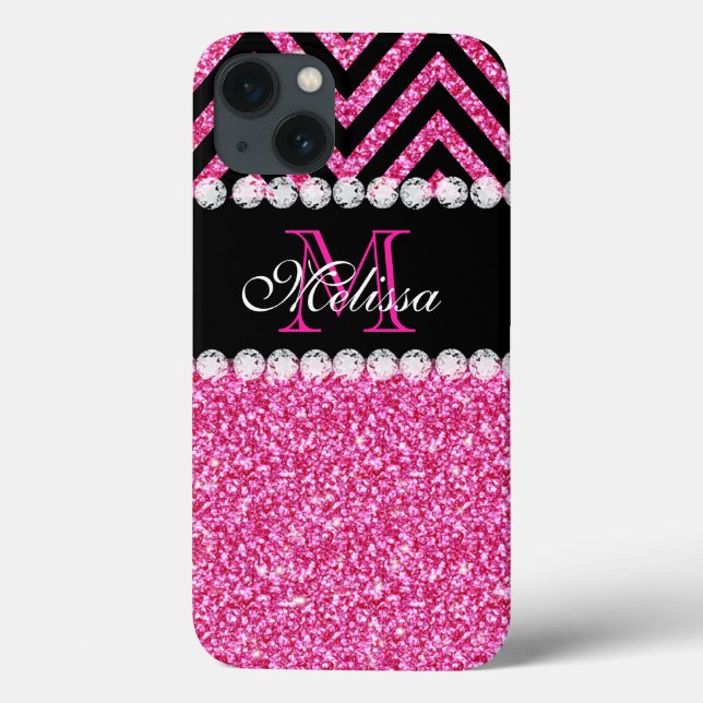 Pink Glitter Black Chevron Monogram Case-Mate iPhone Case (Back)