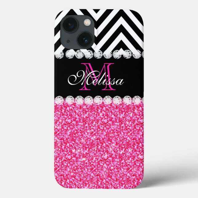 PINK GLITTER BLACK CHEVRON MONOGRAM Case-Mate iPhone CASE (Back)