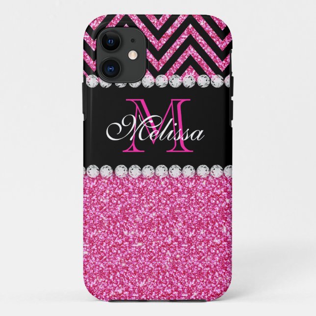 Pink Glitter Black Chevron Monogram Case-Mate iPhone Case (Back)