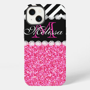 PINK GLITTER BLACK CHEVRON MONOGRAM iPhone 13 CASE