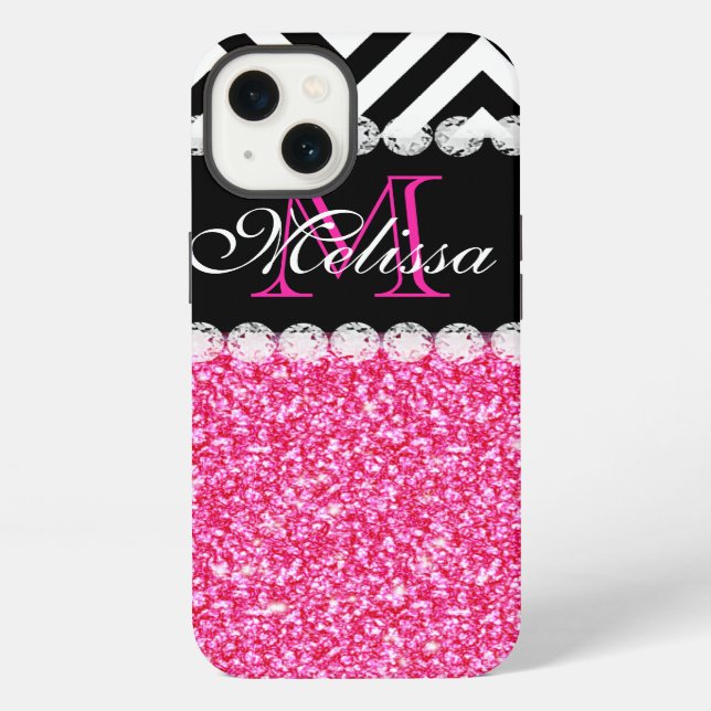 PINK GLITTER BLACK CHEVRON MONOGRAM iPhone CASE (Back)