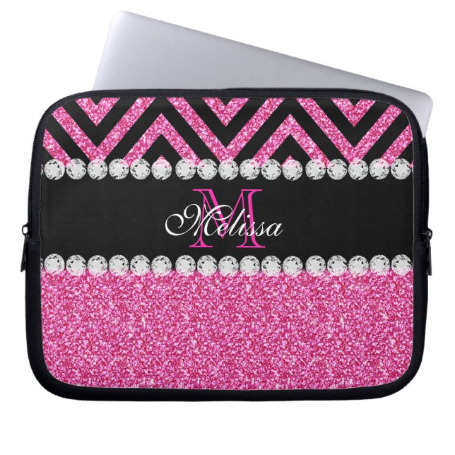 Pink Glitter Black Chevron Monogram Laptop Sleeve (Front)
