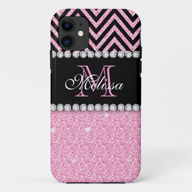 PINK GLITTER BLACK CHEVRON MONOGRAMMED Case-Mate iPhone CASE (Back)