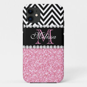 PINK GLITTER BLACK CHEVRON MONOGRAMMED iPhone 11 CASE