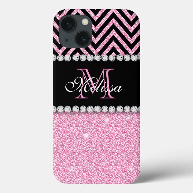 PINK GLITTER BLACK CHEVRON MONOGRAMMED Case-Mate iPhone CASE (Back)