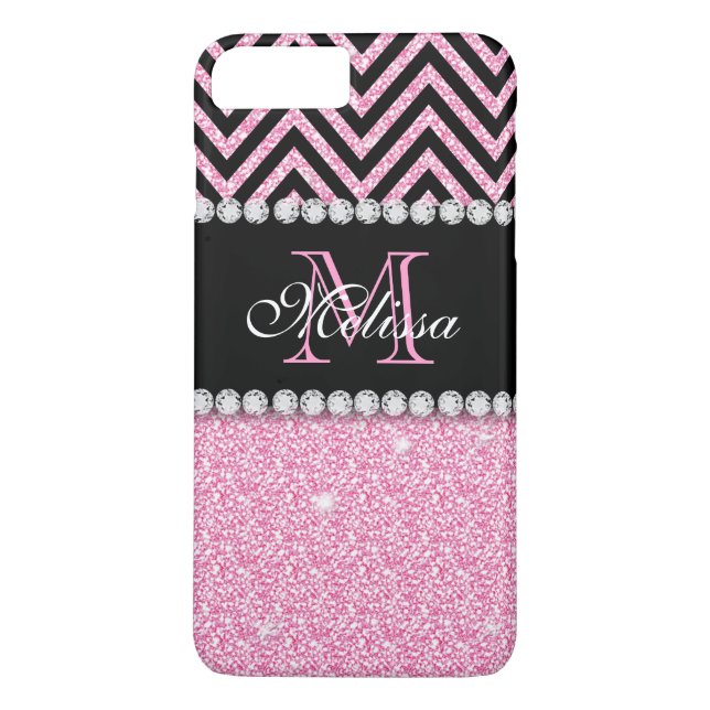 PINK GLITTER BLACK CHEVRON MONOGRAMMED Case-Mate iPhone CASE (Back)