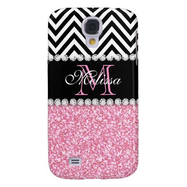 PINK GLITTER BLACK CHEVRON MONOGRAMMED Case-Mate SAMSUNG GALAXY CASE (Back)