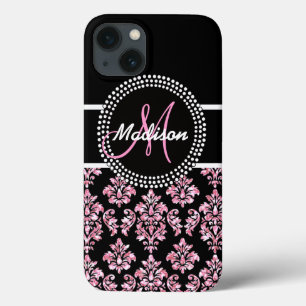 PINK GLITTER BLACK DAMASK YOUR MONOGRAM iPhone 13 CASE