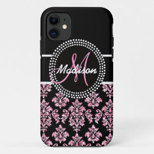 PINK GLITTER BLACK DAMASK YOUR MONOGRAM iPhone 11 CASE