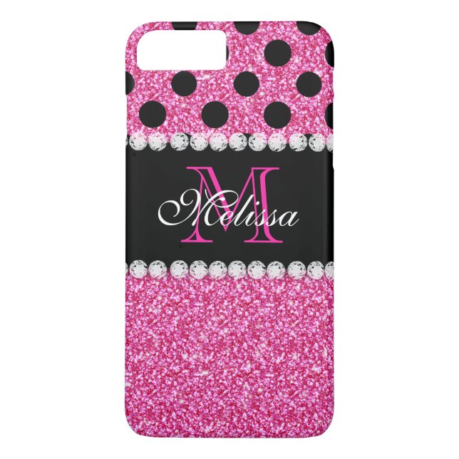 Pink Glitter Black Polka Dots Monogrammed Case-Mate iPhone Case (Back)