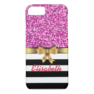 PINK GLITTER  BLACk white stripe GOLD BOW MONOGRAM iPhone 8/7 Case