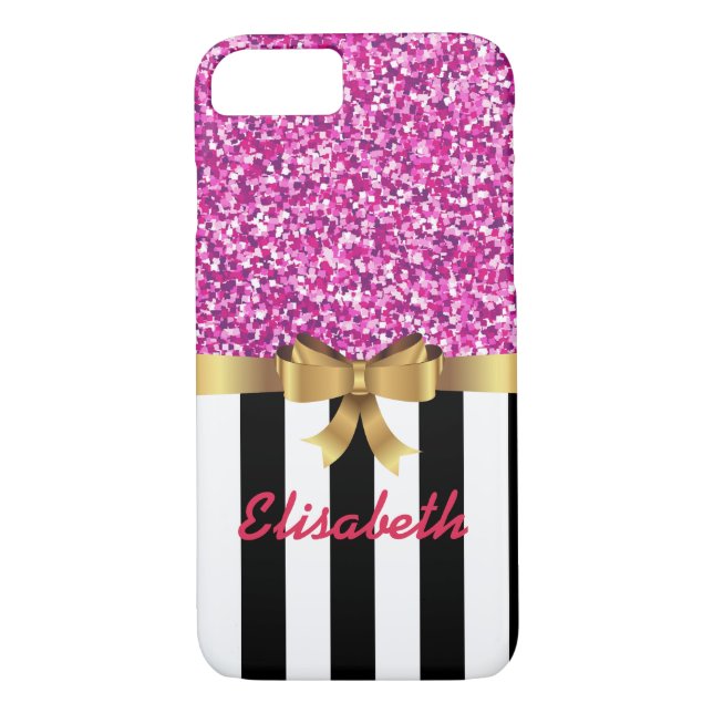 PINK GLITTER BLACk white vertical goldBOW MONOGRAM Case-Mate iPhone Case (Back)