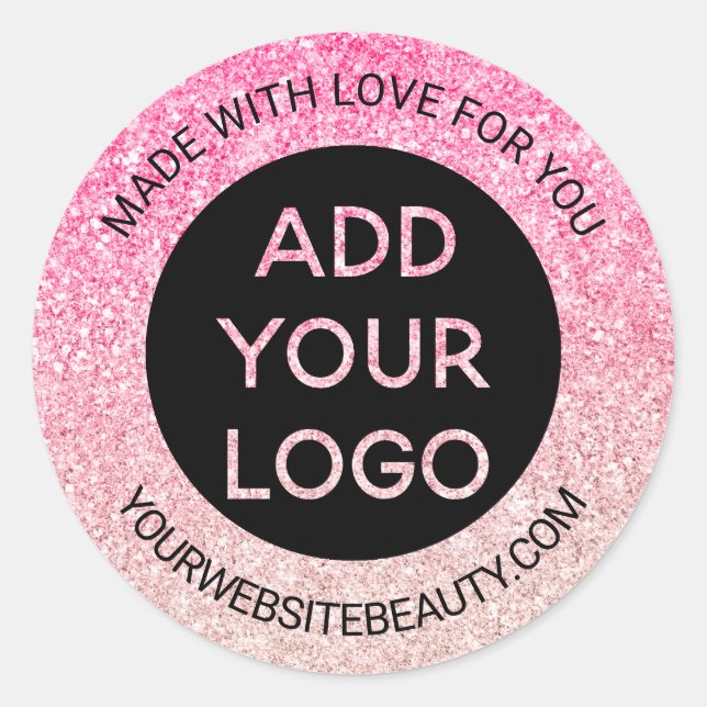 Pink glitter blush sparkles ombre chic logo classic round sticker (Front)